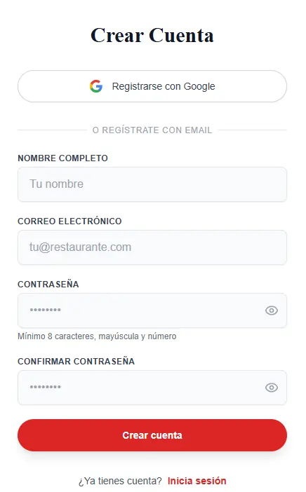 Pantalla de registro