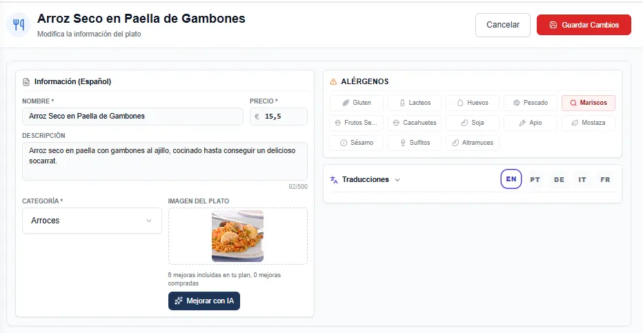 Formulario completo de edición de un plato