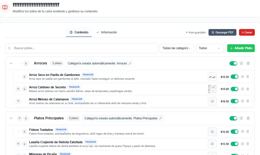Listado de platos mostrando los iconos de imagen