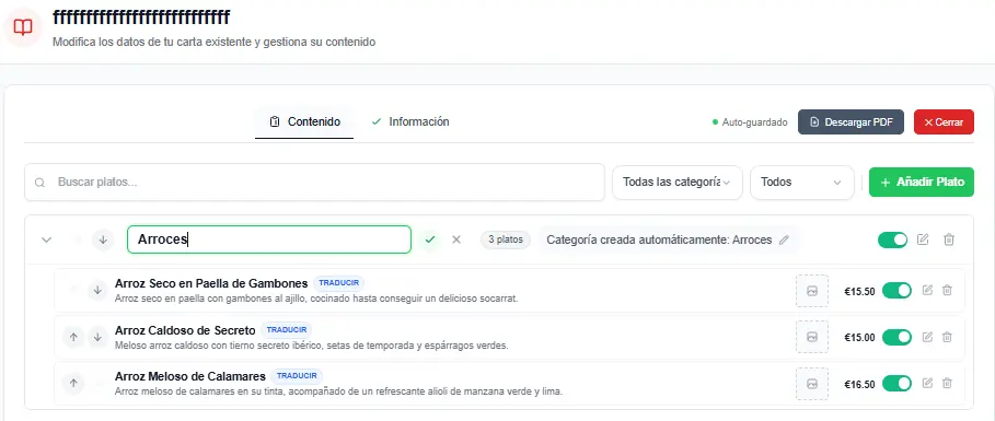 Edición directa del nombre de una categoría