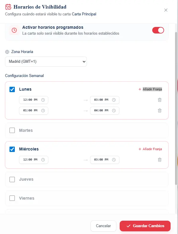 Configuración de franjas horarias semanales