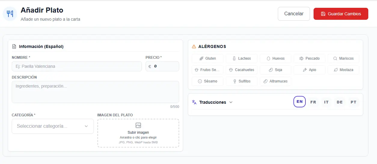 Formulario completo del plato