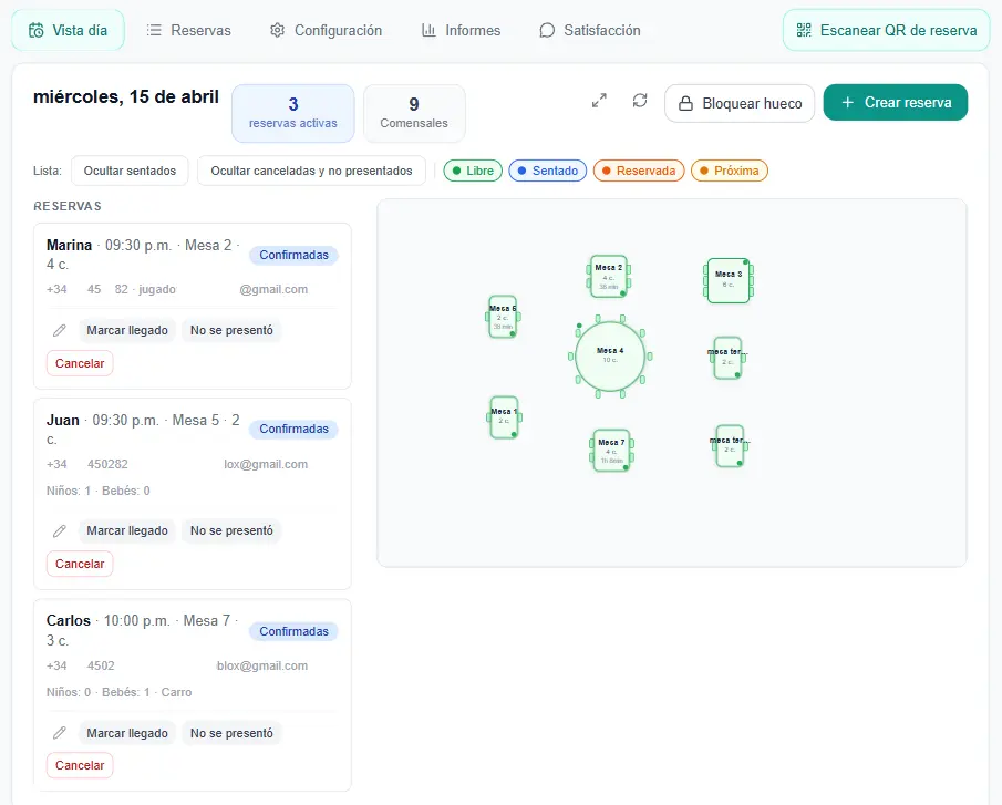 Sala en tiempo real con planos interactivos (ocupación al instante).